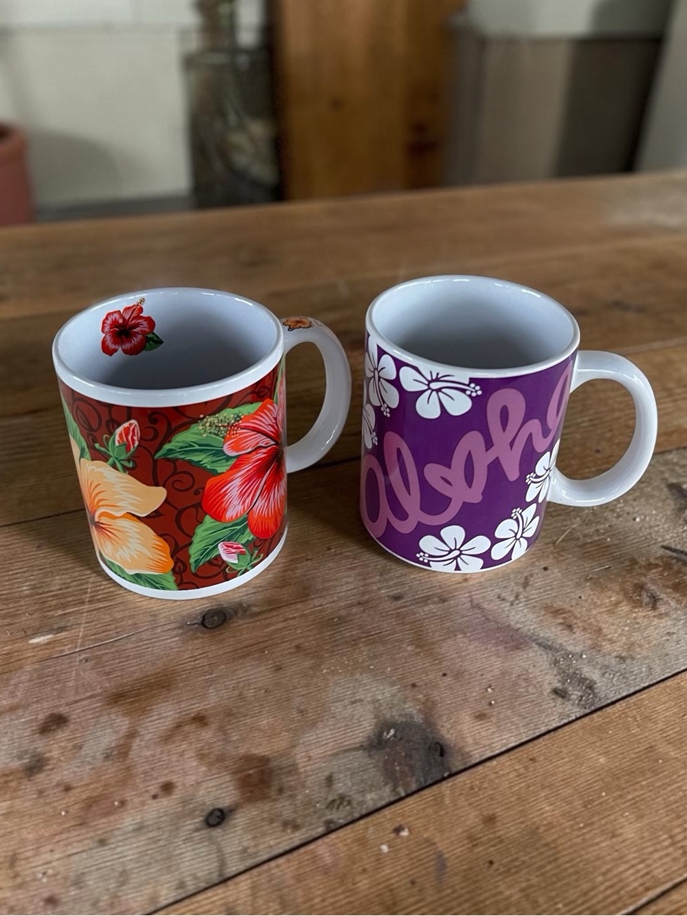 Hibiscus Aloha Heart Natural Stoneware Hawaiian Coffee Mug Set